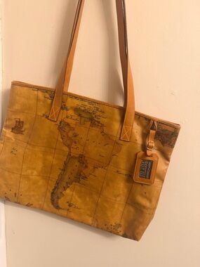 Alviero Martini Yellow Brown Map-Print Leather Tote